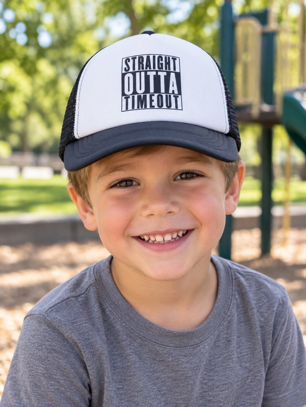 Little Boys âStraight Outta Timeoutâ Black & White Trucker Hat